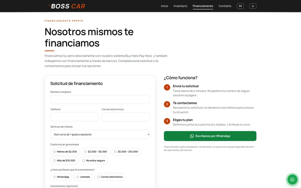 Página de financiamiento propio de Boss Car con solicitud en línea