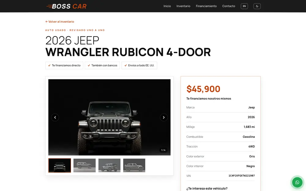 Página de un vehículo de Boss Car con galería de fotos, precio y ficha técnica